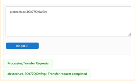 Sección TRANSFER del Registry con dominio y código EPP